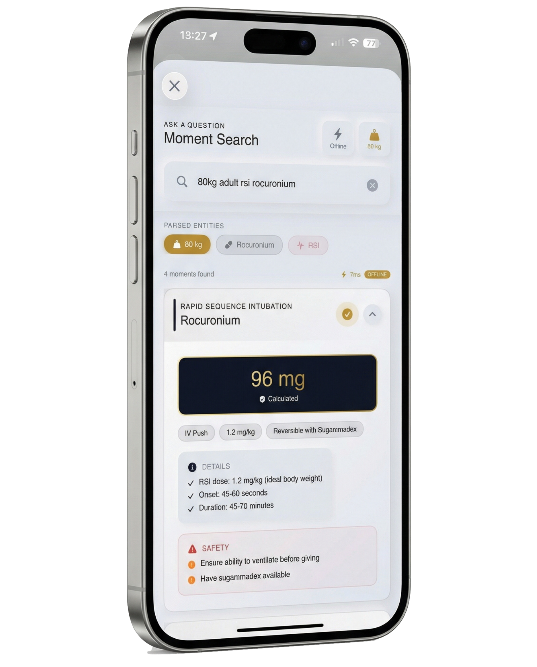 Critical Med Moment Search showing 80kg adult RSI rocuronium dosing calculation with 96mg result