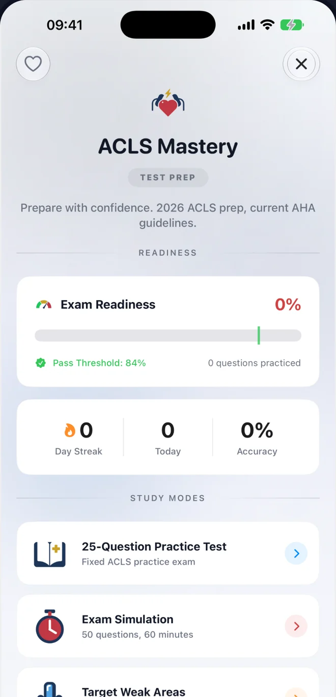 ACLS Mastery screen with exam readiness, day streak and study modes