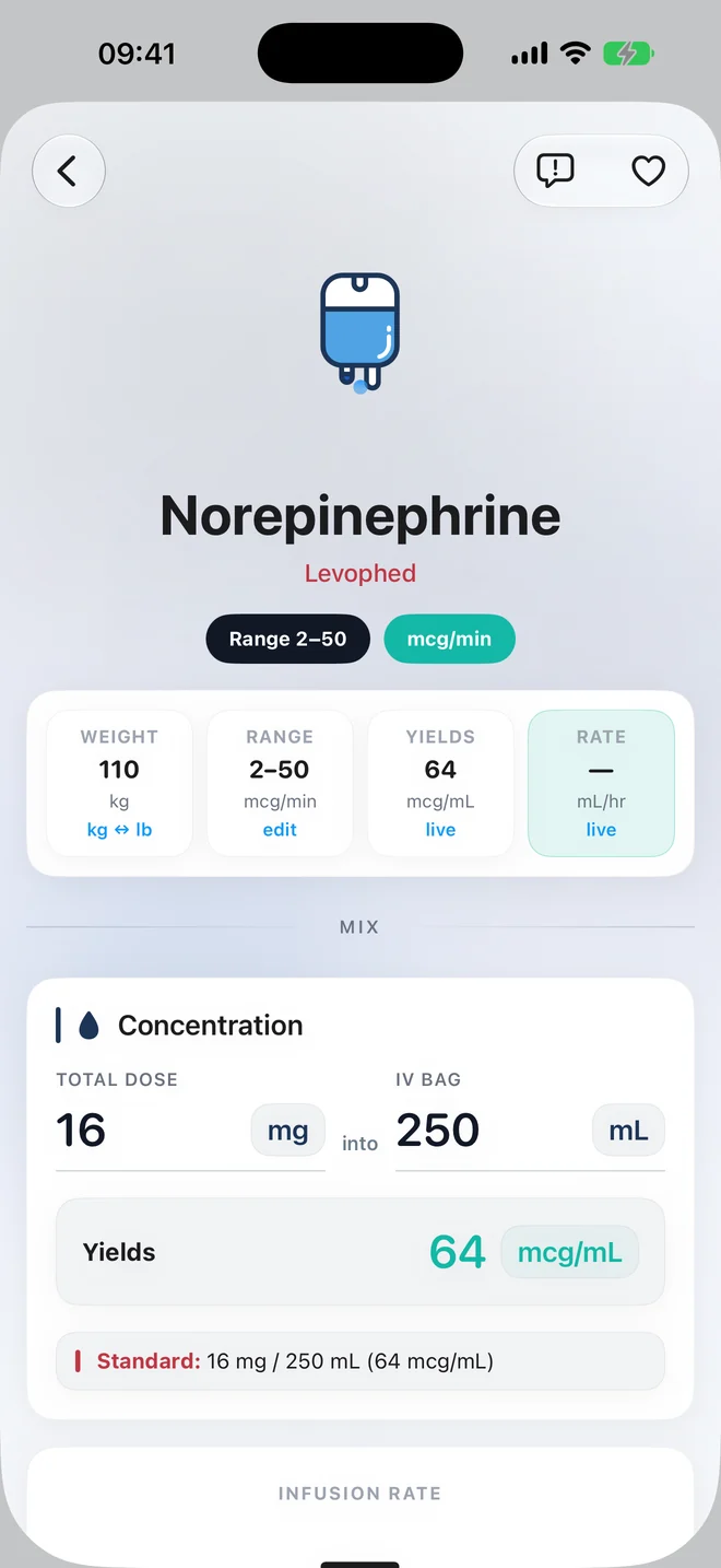 Norepinephrine drip screen: 16 mg in 250 mL yields 64 mcg/mL, with weight, range and rate