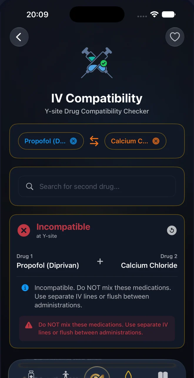 IV compatibility screen showing propofol and calcium chloride flagged as incompatible at the Y-site